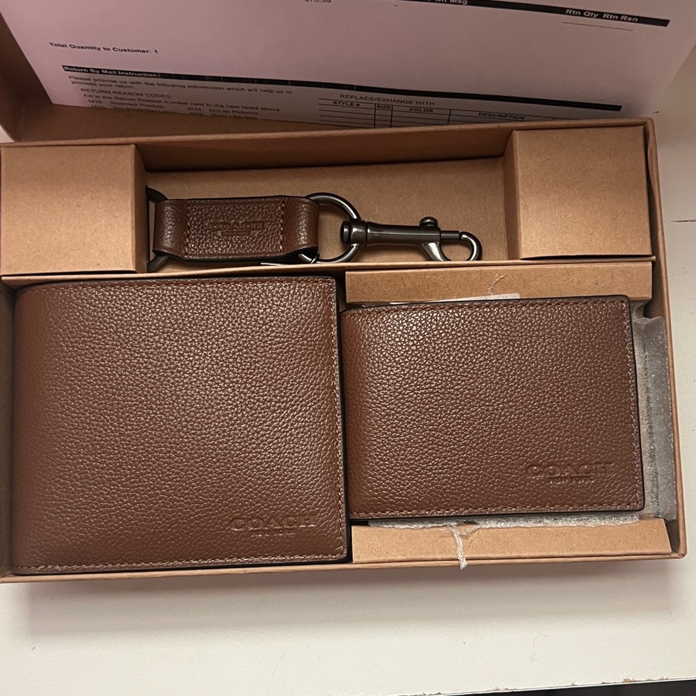 Coach Brown Leather Wallet and Keychain Set